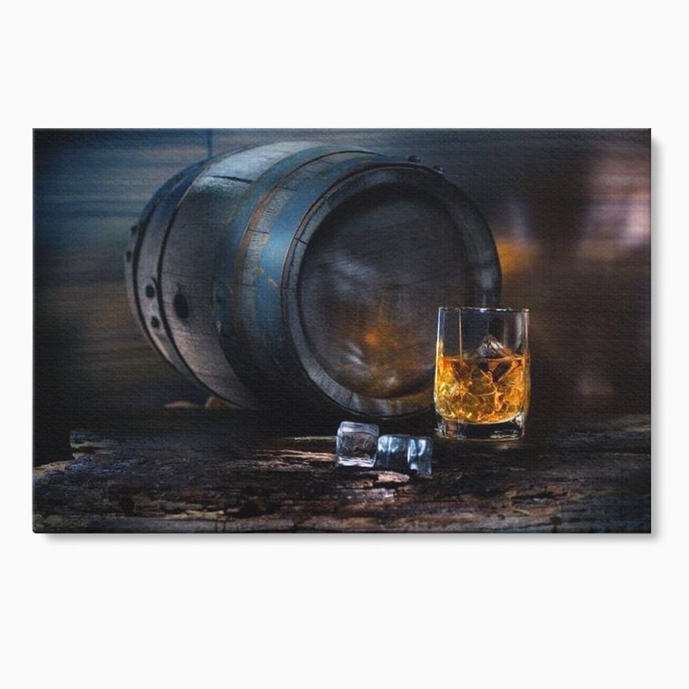 Tablou Canvas Premium, LuxCanva® N1039, Imbatranit cu Stil, Butoi, Lemn, Pahar, Gheata, Whisky, Stejar, Bautura, Traditie, Tarie, Pub, Bar, Lounge, Restaurant, Bucatarie