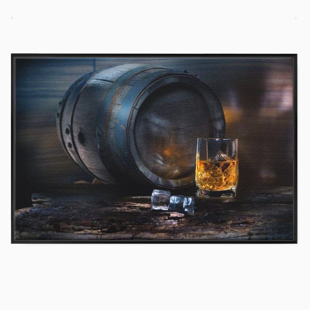 Tablou Canvas Premium, LuxCanva® N1039, Imbatranit cu Stil, Butoi, Lemn, Pahar, Gheata, Whisky, Stejar, Bautura, Traditie, Tarie, Pub, Bar, Lounge, Restaurant, Bucatarie
