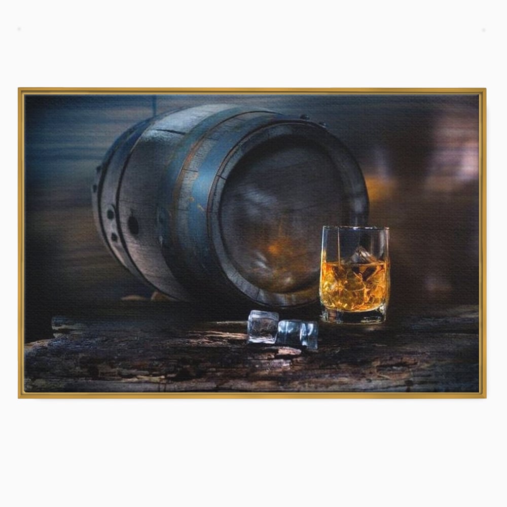 Tablou Canvas Premium, LuxCanva® N1039, Imbatranit cu Stil, Butoi, Lemn, Pahar, Gheata, Whisky, Stejar, Bautura, Traditie, Tarie, Pub, Bar, Lounge, Restaurant, Bucatarie