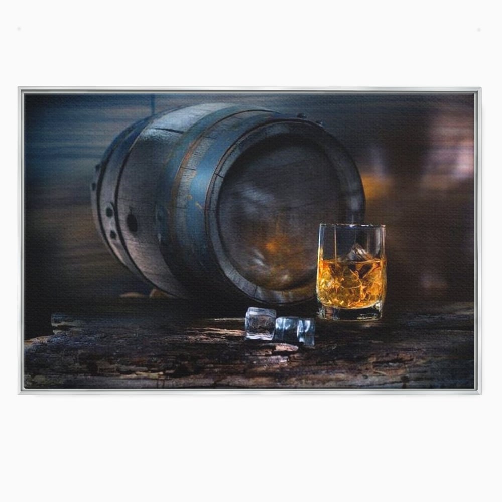 Tablou Canvas Premium, LuxCanva® N1039, Imbatranit cu Stil, Butoi, Lemn, Pahar, Gheata, Whisky, Stejar, Bautura, Traditie, Tarie, Pub, Bar, Lounge, Restaurant, Bucatarie