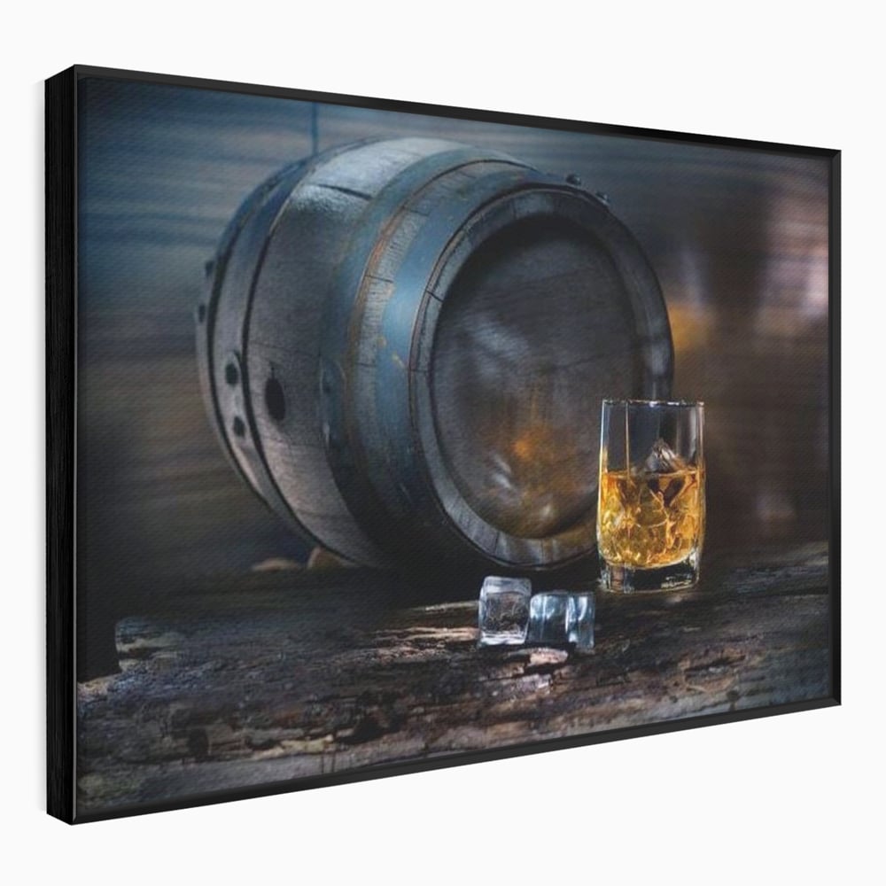 Tablou Canvas Premium, LuxCanva® N1039, Imbatranit cu Stil, Butoi, Lemn, Pahar, Gheata, Whisky, Stejar, Bautura, Traditie, Tarie, Pub, Bar, Lounge, Restaurant, Bucatarie