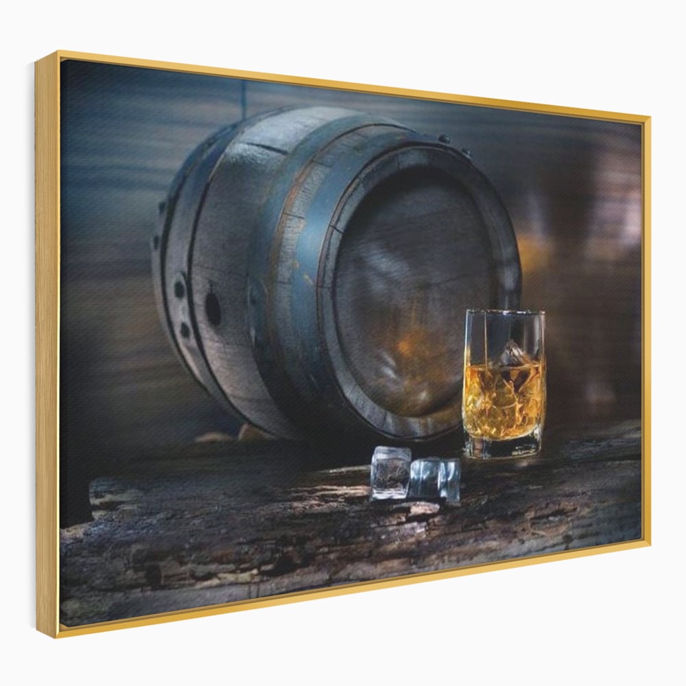 Tablou Canvas Premium, LuxCanva® N1039, Imbatranit cu Stil, Butoi, Lemn, Pahar, Gheata, Whisky, Stejar, Bautura, Traditie, Tarie, Pub, Bar, Lounge, Restaurant, Bucatarie
