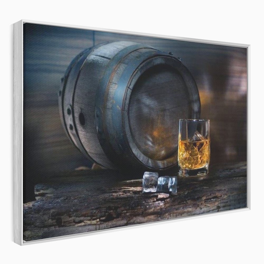 Tablou Canvas Premium, LuxCanva® N1039, Imbatranit cu Stil, Butoi, Lemn, Pahar, Gheata, Whisky, Stejar, Bautura, Traditie, Tarie, Pub, Bar, Lounge, Restaurant, Bucatarie