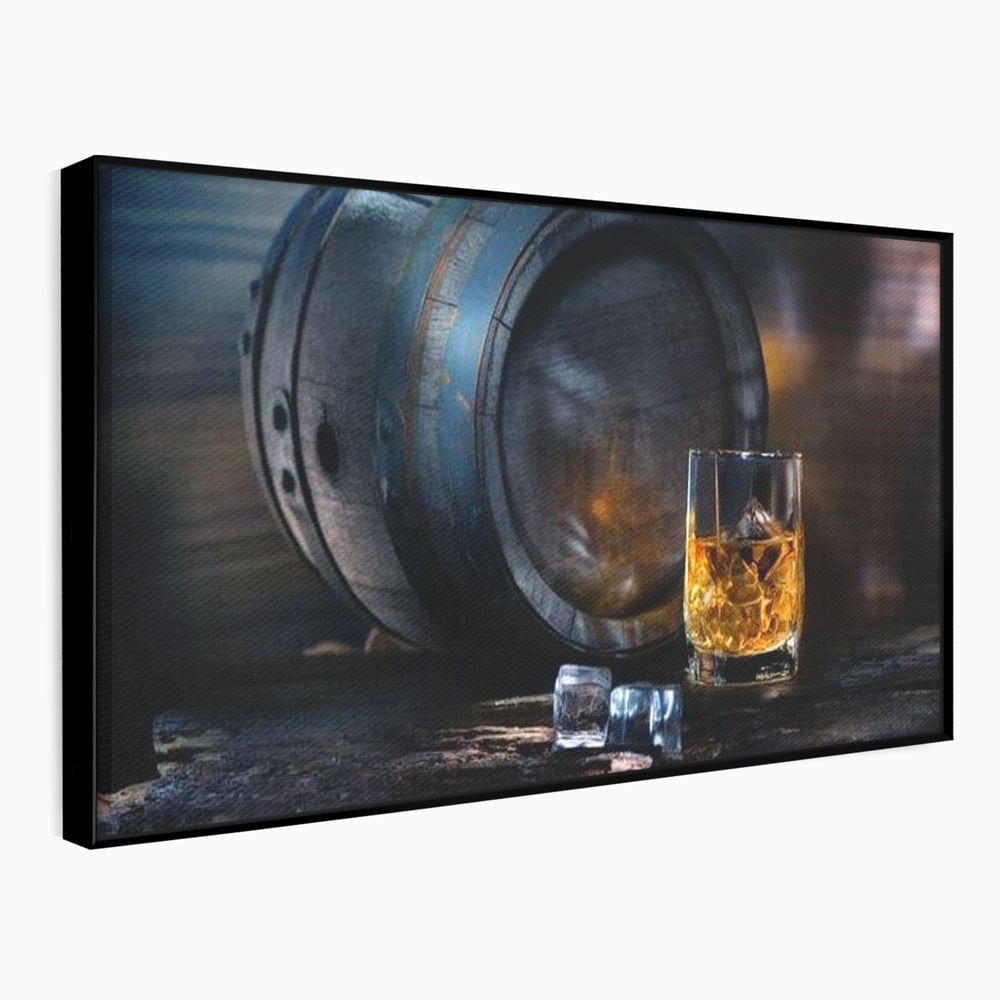 Tablou Canvas Premium, LuxCanva® N1039, Imbatranit cu Stil, Butoi, Lemn, Pahar, Gheata, Whisky, Stejar, Bautura, Traditie, Tarie, Pub, Bar, Lounge, Restaurant, Bucatarie