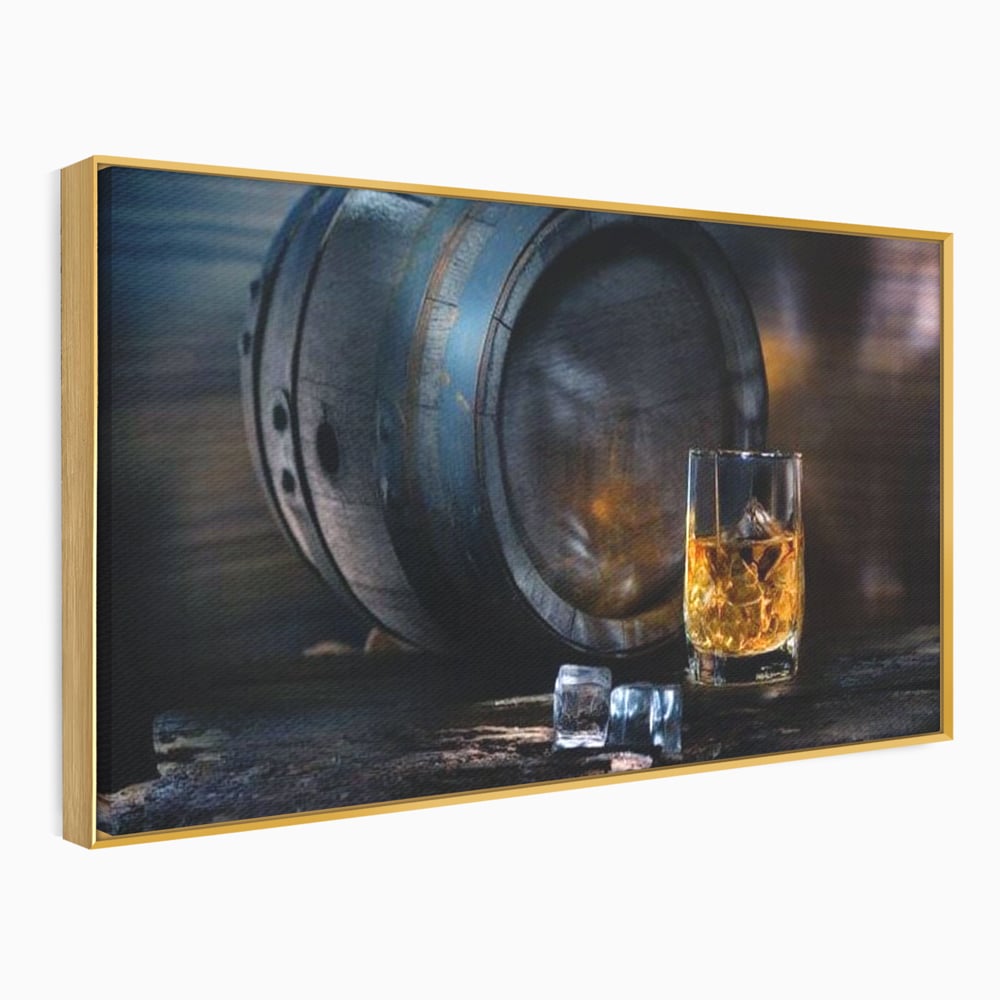 Tablou Canvas Premium, LuxCanva® N1039, Imbatranit cu Stil, Butoi, Lemn, Pahar, Gheata, Whisky, Stejar, Bautura, Traditie, Tarie, Pub, Bar, Lounge, Restaurant, Bucatarie