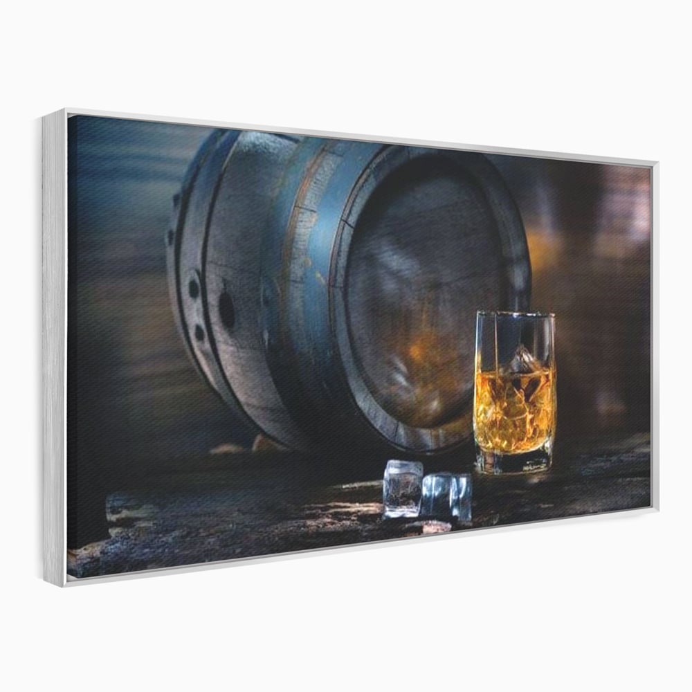 Tablou Canvas Premium, LuxCanva® N1039, Imbatranit cu Stil, Butoi, Lemn, Pahar, Gheata, Whisky, Stejar, Bautura, Traditie, Tarie, Pub, Bar, Lounge, Restaurant, Bucatarie