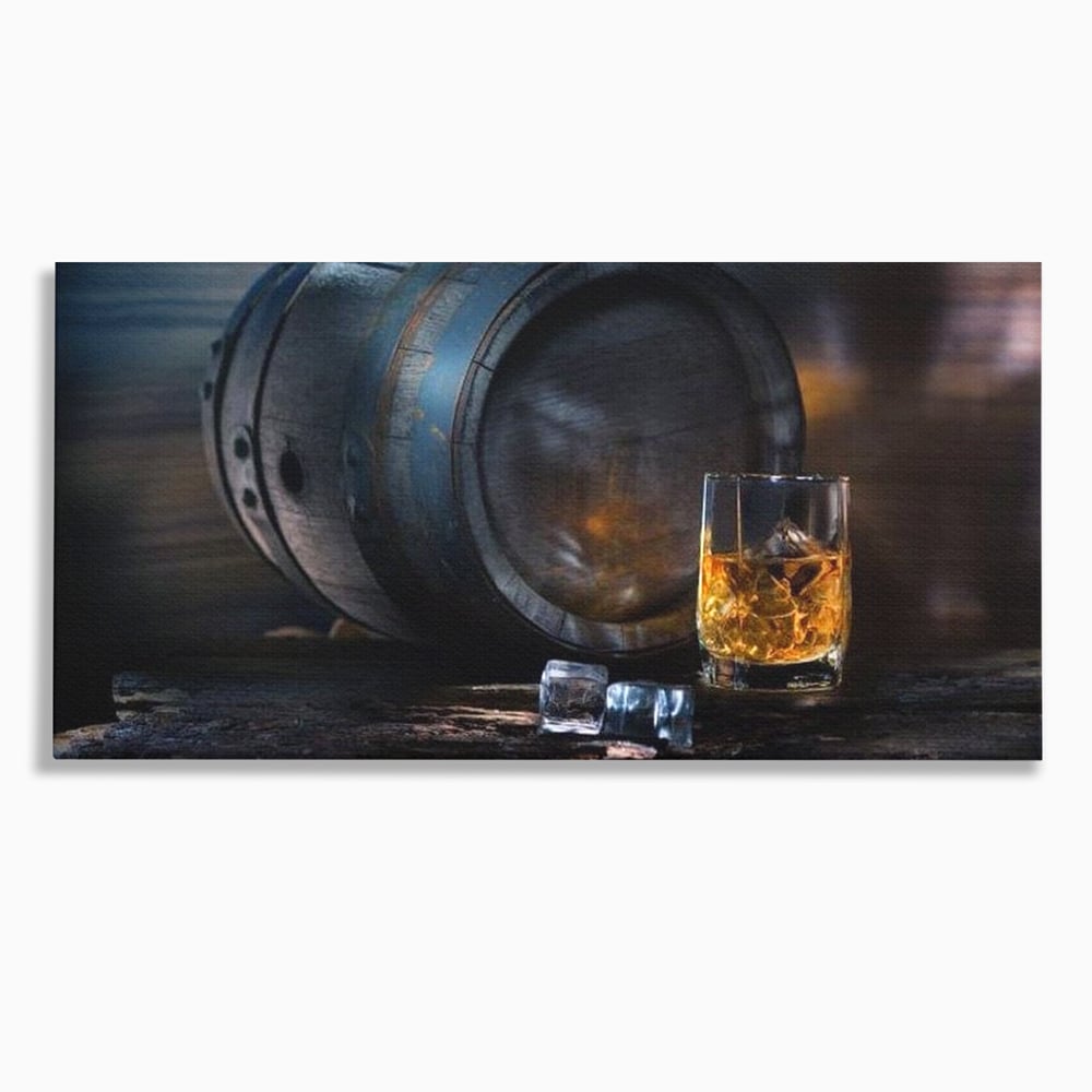 Tablou Canvas Premium, LuxCanva® N1039, Imbatranit cu Stil, Butoi, Lemn, Pahar, Gheata, Whisky, Stejar, Bautura, Traditie, Tarie, Pub, Bar, Lounge, Restaurant, Bucatarie