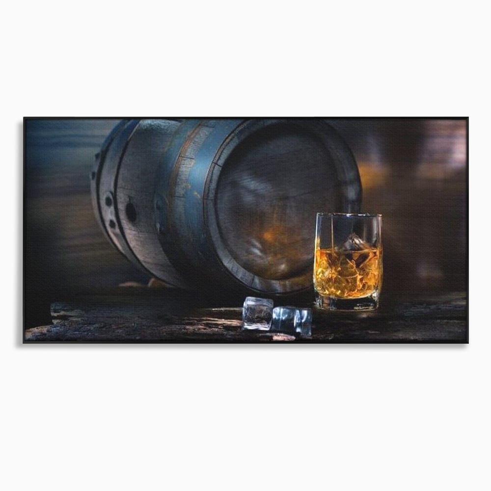 Tablou Canvas Premium, LuxCanva® N1039, Imbatranit cu Stil, Butoi, Lemn, Pahar, Gheata, Whisky, Stejar, Bautura, Traditie, Tarie, Pub, Bar, Lounge, Restaurant, Bucatarie