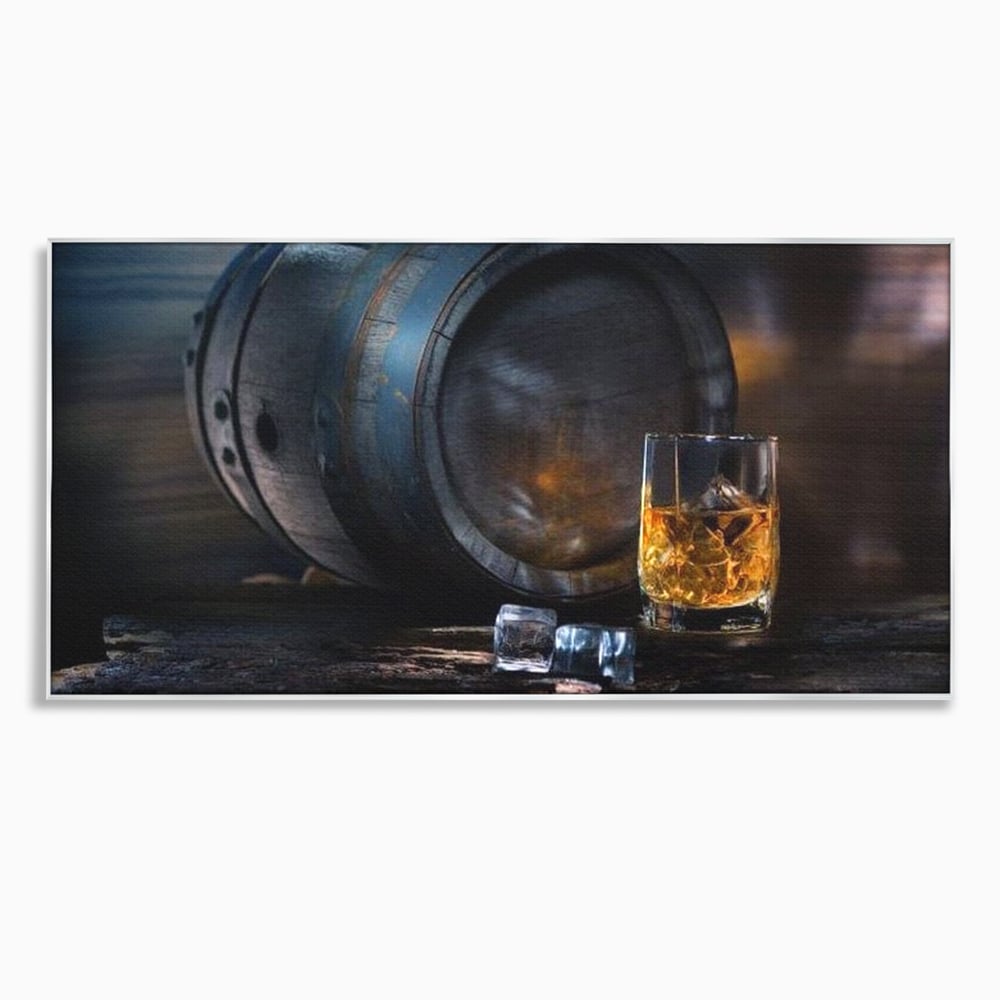 Tablou Canvas Premium, LuxCanva® N1039, Imbatranit cu Stil, Butoi, Lemn, Pahar, Gheata, Whisky, Stejar, Bautura, Traditie, Tarie, Pub, Bar, Lounge, Restaurant, Bucatarie