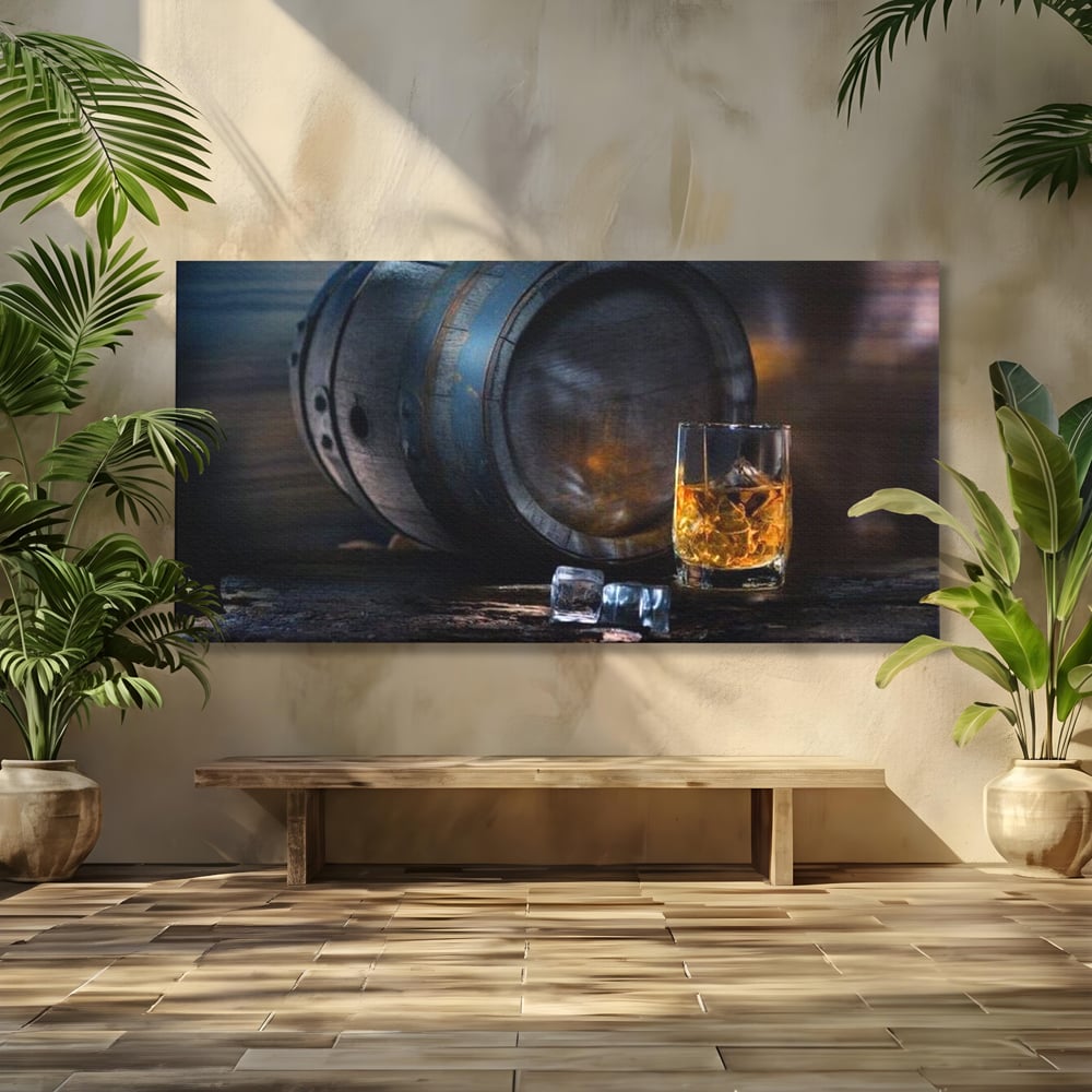 Tablou Canvas Premium, LuxCanva® N1039, Imbatranit cu Stil, Butoi, Lemn, Pahar, Gheata, Whisky, Stejar, Bautura, Traditie, Tarie, Pub, Bar, Lounge, Restaurant, Bucatarie