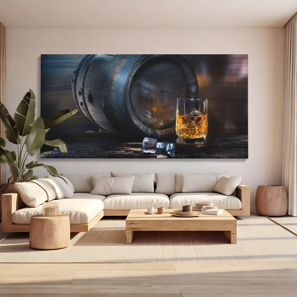 Tablou Canvas Premium, LuxCanva® N1039, Imbatranit cu Stil, Butoi, Lemn, Pahar, Gheata, Whisky, Stejar, Bautura, Traditie, Tarie, Pub, Bar, Lounge, Restaurant, Bucatarie