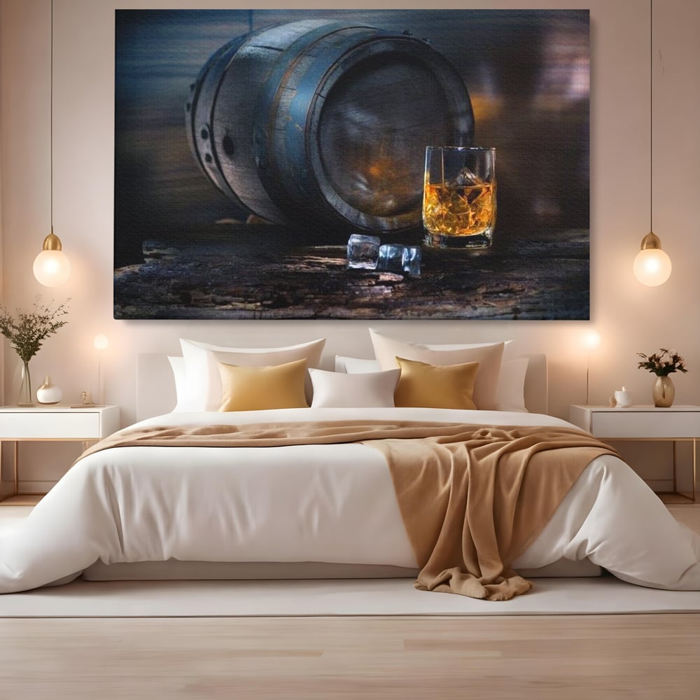 Tablou Canvas Premium, LuxCanva® N1039, Imbatranit cu Stil, Butoi, Lemn, Pahar, Gheata, Whisky, Stejar, Bautura, Traditie, Tarie, Pub, Bar, Lounge, Restaurant, Bucatarie