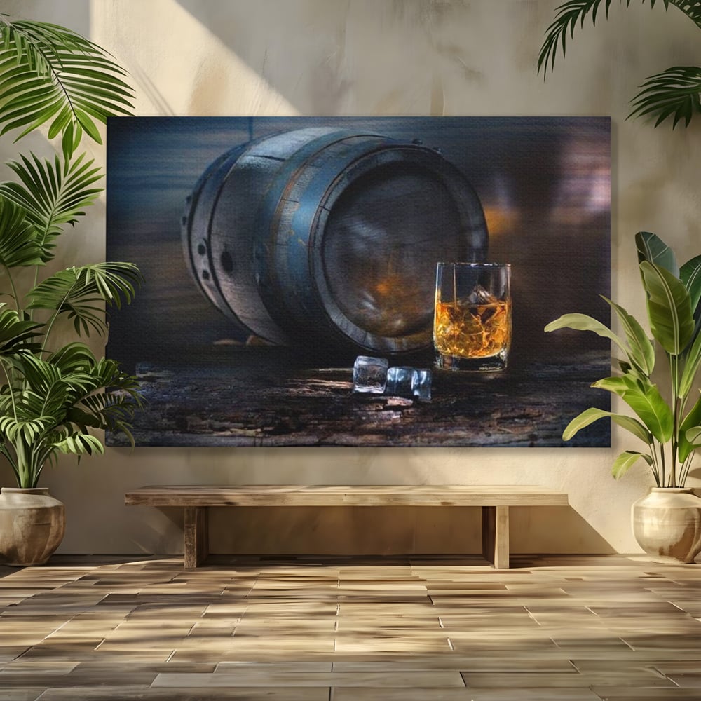 Tablou Canvas Premium, LuxCanva® N1039, Imbatranit cu Stil, Butoi, Lemn, Pahar, Gheata, Whisky, Stejar, Bautura, Traditie, Tarie, Pub, Bar, Lounge, Restaurant, Bucatarie