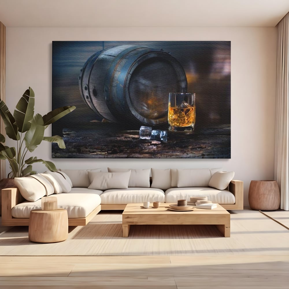 Tablou Canvas Premium, LuxCanva® N1039, Imbatranit cu Stil, Butoi, Lemn, Pahar, Gheata, Whisky, Stejar, Bautura, Traditie, Tarie, Pub, Bar, Lounge, Restaurant, Bucatarie