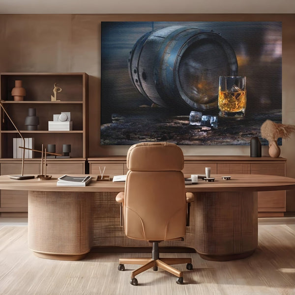 Tablou Canvas Premium, LuxCanva® N1039, Imbatranit cu Stil, Butoi, Lemn, Pahar, Gheata, Whisky, Stejar, Bautura, Traditie, Tarie, Pub, Bar, Lounge, Restaurant, Bucatarie