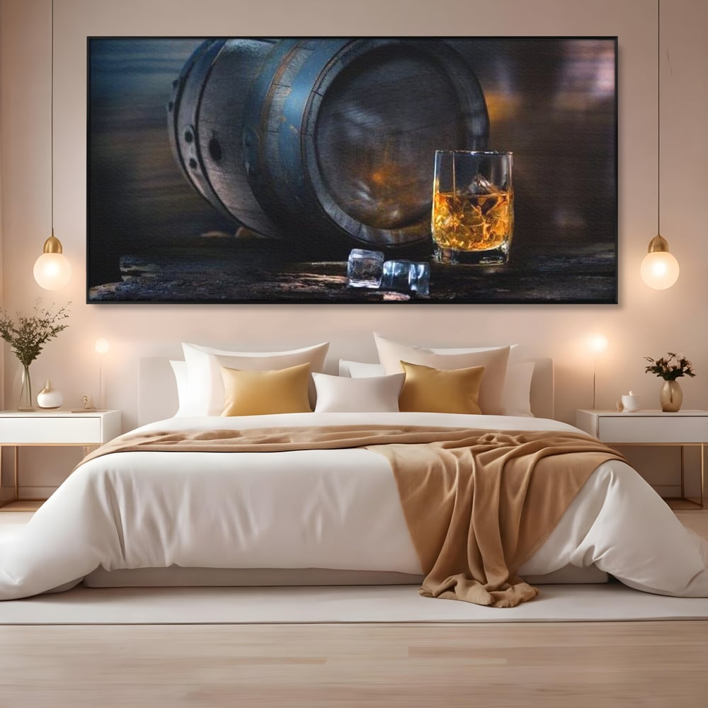 Tablou Canvas Premium, LuxCanva® N1039, Imbatranit cu Stil, Butoi, Lemn, Pahar, Gheata, Whisky, Stejar, Bautura, Traditie, Tarie, Pub, Bar, Lounge, Restaurant, Bucatarie