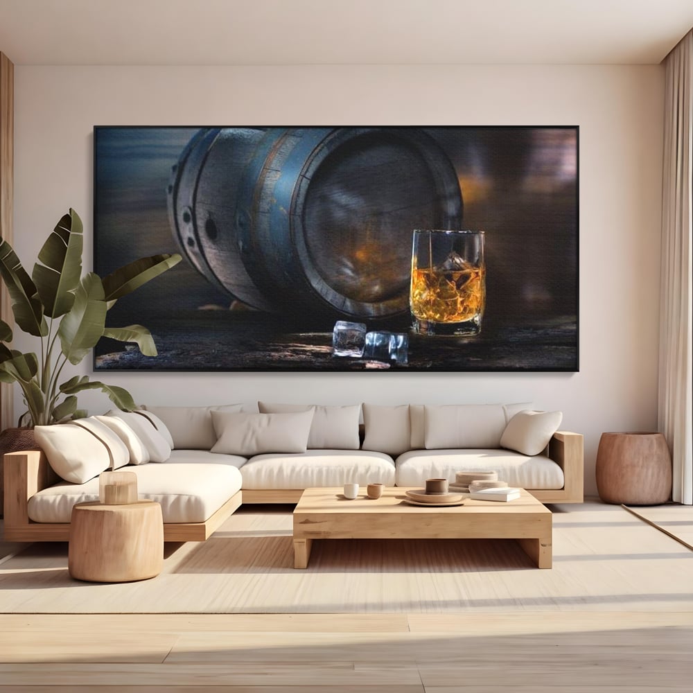 Tablou Canvas Premium, LuxCanva® N1039, Imbatranit cu Stil, Butoi, Lemn, Pahar, Gheata, Whisky, Stejar, Bautura, Traditie, Tarie, Pub, Bar, Lounge, Restaurant, Bucatarie