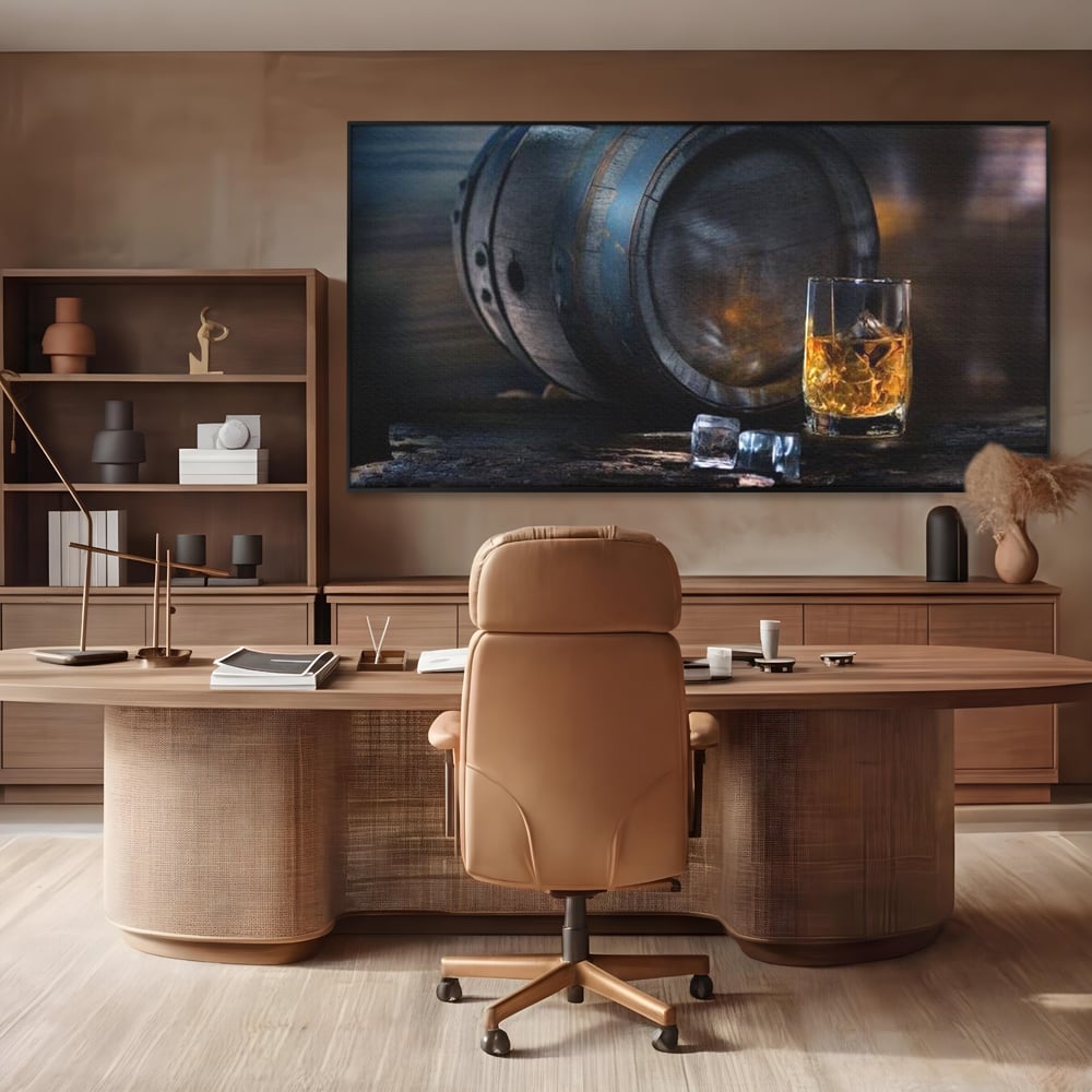 Tablou Canvas Premium, LuxCanva® N1039, Imbatranit cu Stil, Butoi, Lemn, Pahar, Gheata, Whisky, Stejar, Bautura, Traditie, Tarie, Pub, Bar, Lounge, Restaurant, Bucatarie