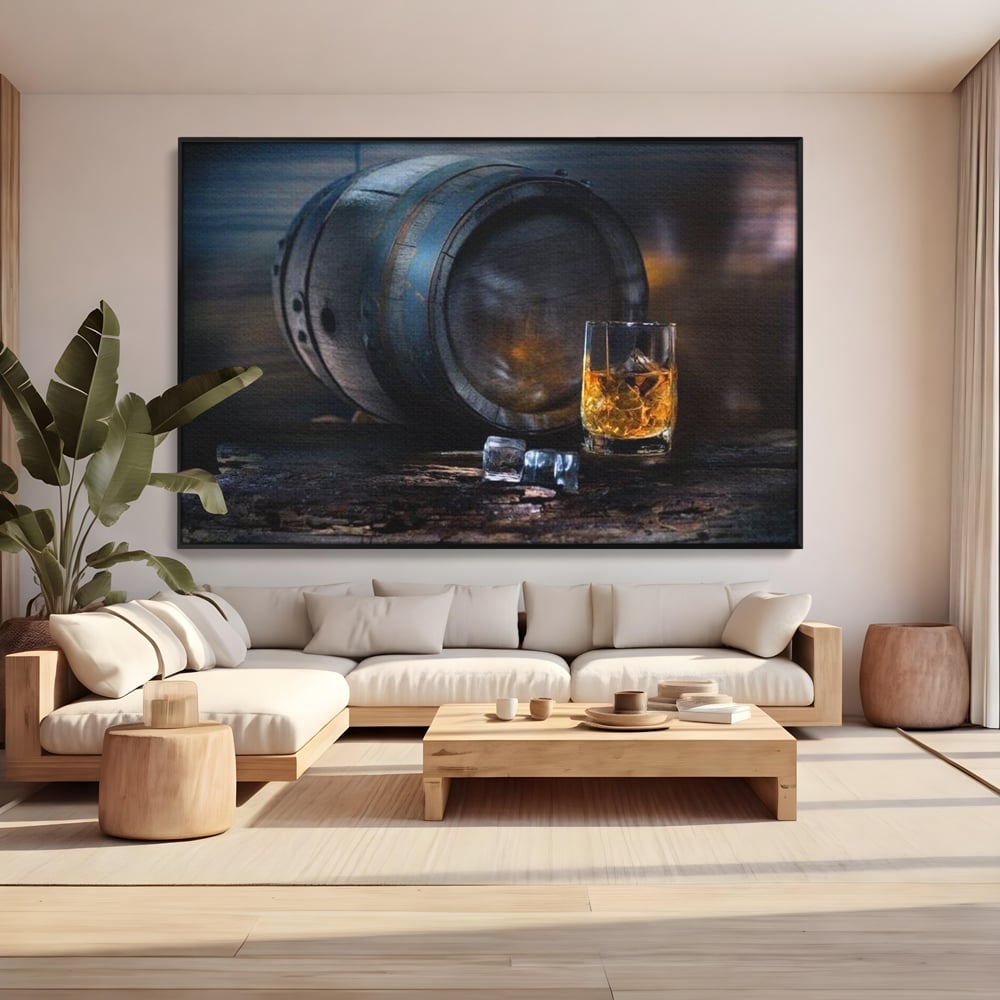 Tablou Canvas Premium, LuxCanva® N1039, Imbatranit cu Stil, Butoi, Lemn, Pahar, Gheata, Whisky, Stejar, Bautura, Traditie, Tarie, Pub, Bar, Lounge, Restaurant, Bucatarie
