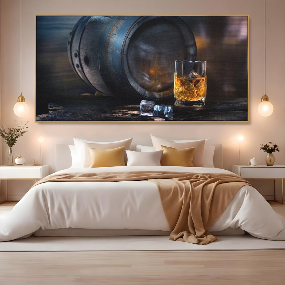 Tablou Canvas Premium, LuxCanva® N1039, Imbatranit cu Stil, Butoi, Lemn, Pahar, Gheata, Whisky, Stejar, Bautura, Traditie, Tarie, Pub, Bar, Lounge, Restaurant, Bucatarie