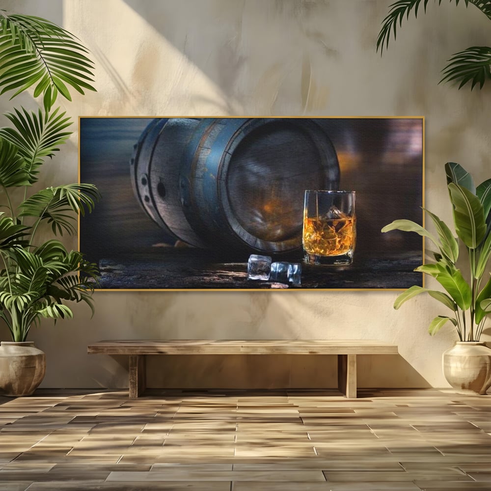 Tablou Canvas Premium, LuxCanva® N1039, Imbatranit cu Stil, Butoi, Lemn, Pahar, Gheata, Whisky, Stejar, Bautura, Traditie, Tarie, Pub, Bar, Lounge, Restaurant, Bucatarie