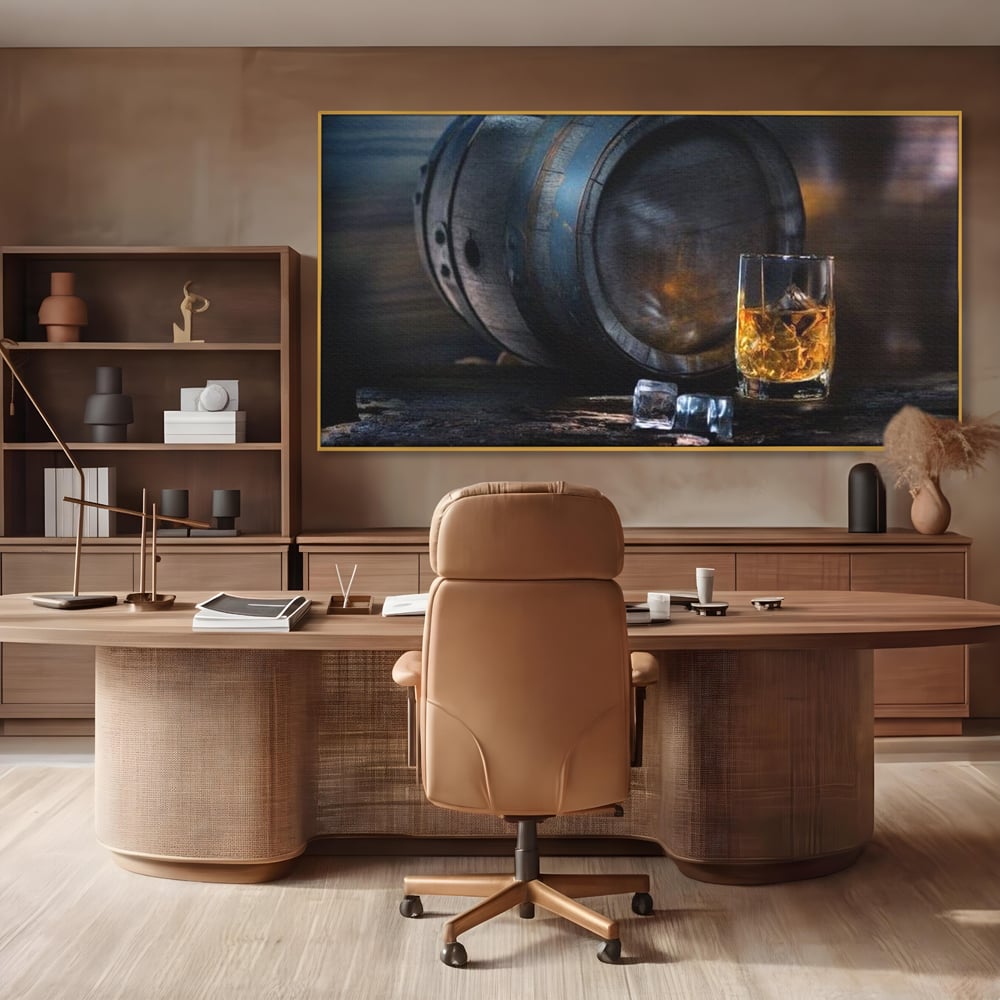 Tablou Canvas Premium, LuxCanva® N1039, Imbatranit cu Stil, Butoi, Lemn, Pahar, Gheata, Whisky, Stejar, Bautura, Traditie, Tarie, Pub, Bar, Lounge, Restaurant, Bucatarie