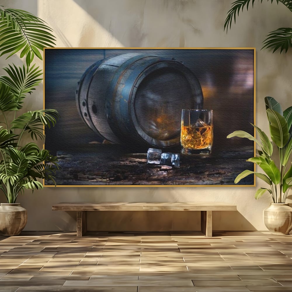 Tablou Canvas Premium, LuxCanva® N1039, Imbatranit cu Stil, Butoi, Lemn, Pahar, Gheata, Whisky, Stejar, Bautura, Traditie, Tarie, Pub, Bar, Lounge, Restaurant, Bucatarie