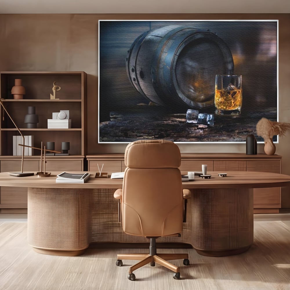Tablou Canvas Premium, LuxCanva® N1039, Imbatranit cu Stil, Butoi, Lemn, Pahar, Gheata, Whisky, Stejar, Bautura, Traditie, Tarie, Pub, Bar, Lounge, Restaurant, Bucatarie