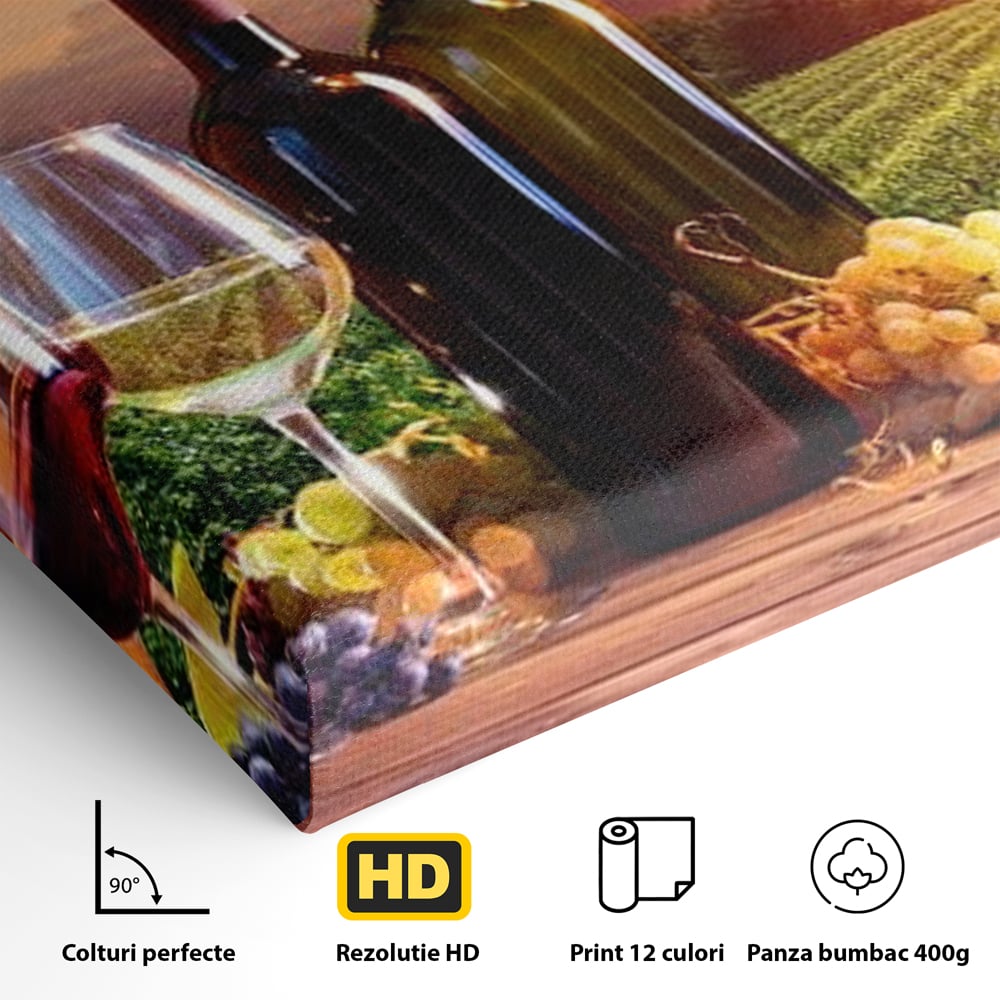 Tablou Canvas Premium, LuxCanva® N1040, Apus peste Podgorie, Vin Rosu, Struguri, Sticle, Podgorie, Apus de Soare, Fructe, Butoi, Natura, Traditie, Pub, Bar, Lounge, Restaurant, Bucatarie