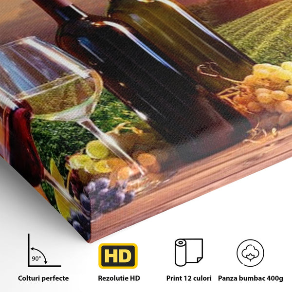 Tablou Canvas Premium, LuxCanva® N1040, Apus peste Podgorie, Vin Rosu, Struguri, Sticle, Podgorie, Apus de Soare, Fructe, Butoi, Natura, Traditie, Pub, Bar, Lounge, Restaurant, Bucatarie