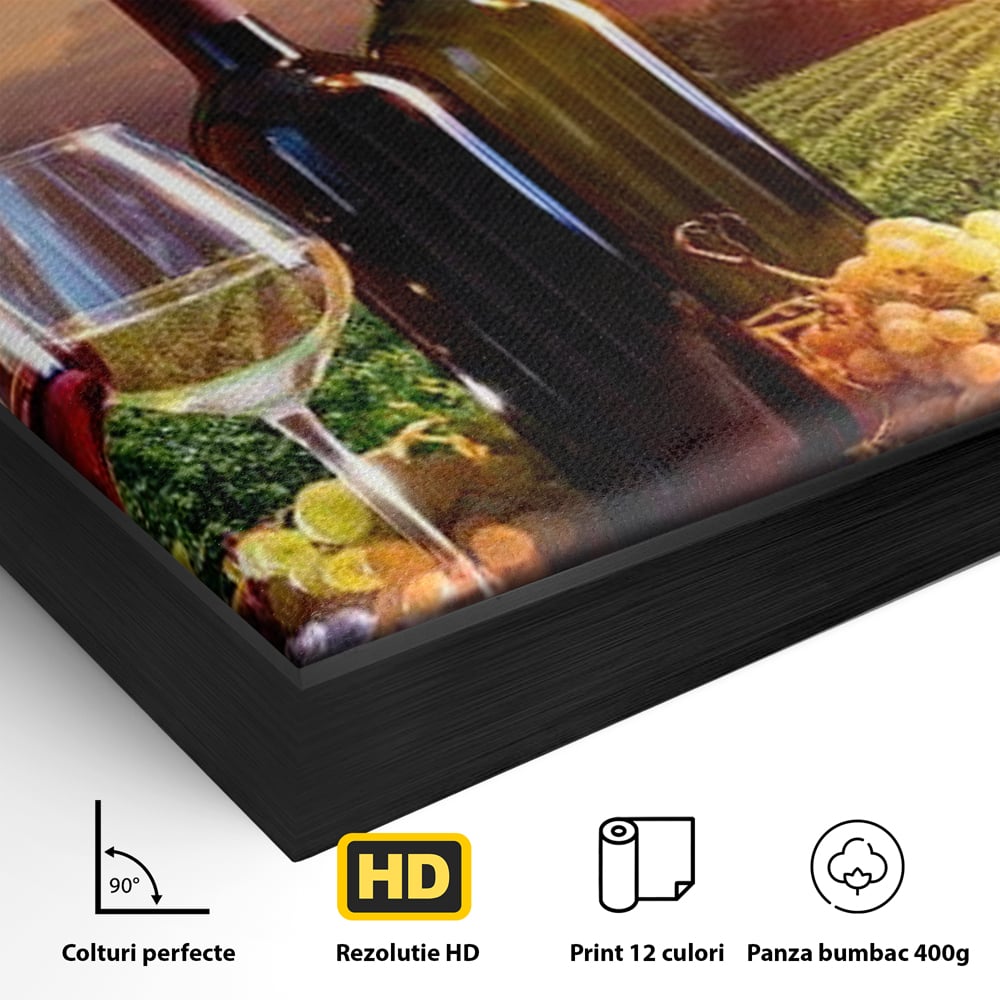 Tablou Canvas Premium, LuxCanva® N1040, Apus peste Podgorie, Vin Rosu, Struguri, Sticle, Podgorie, Apus de Soare, Fructe, Butoi, Natura, Traditie, Pub, Bar, Lounge, Restaurant, Bucatarie