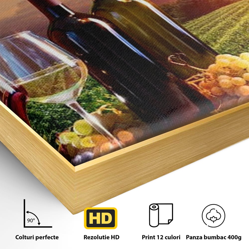 Tablou Canvas Premium, LuxCanva® N1040, Apus peste Podgorie, Vin Rosu, Struguri, Sticle, Podgorie, Apus de Soare, Fructe, Butoi, Natura, Traditie, Pub, Bar, Lounge, Restaurant, Bucatarie