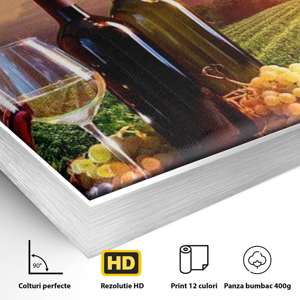 Tablou Canvas Premium, LuxCanva® N1040, Apus peste Podgorie, Vin Rosu, Struguri, Sticle, Podgorie, Apus de Soare, Fructe, Butoi, Natura, Traditie, Pub, Bar, Lounge, Restaurant, Bucatarie
