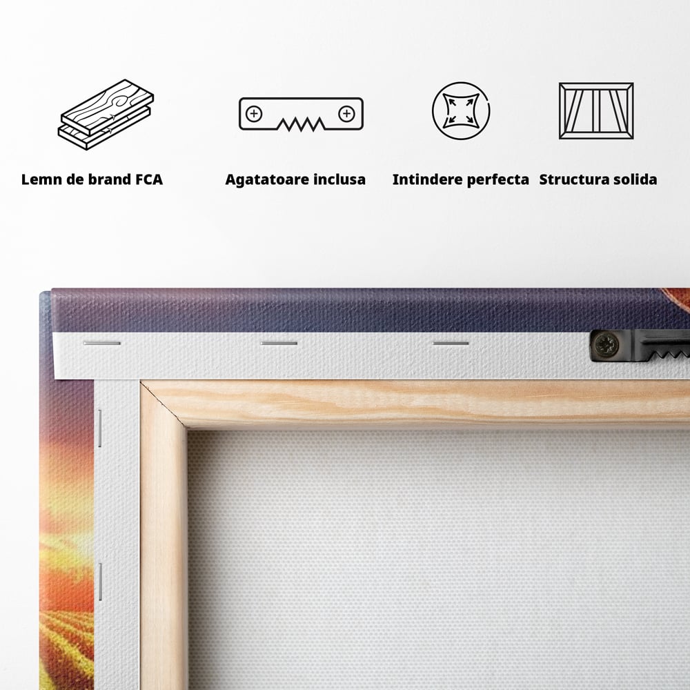 Tablou Canvas Premium, LuxCanva® N1040, Apus peste Podgorie, Vin Rosu, Struguri, Sticle, Podgorie, Apus de Soare, Fructe, Butoi, Natura, Traditie, Pub, Bar, Lounge, Restaurant, Bucatarie
