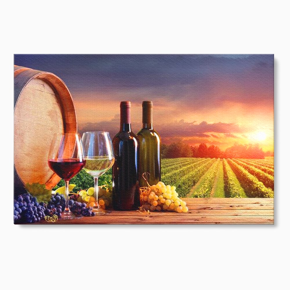 Tablou Canvas Premium, LuxCanva® N1040, Apus peste Podgorie, Vin Rosu, Struguri, Sticle, Podgorie, Apus de Soare, Fructe, Butoi, Natura, Traditie, Pub, Bar, Lounge, Restaurant, Bucatarie