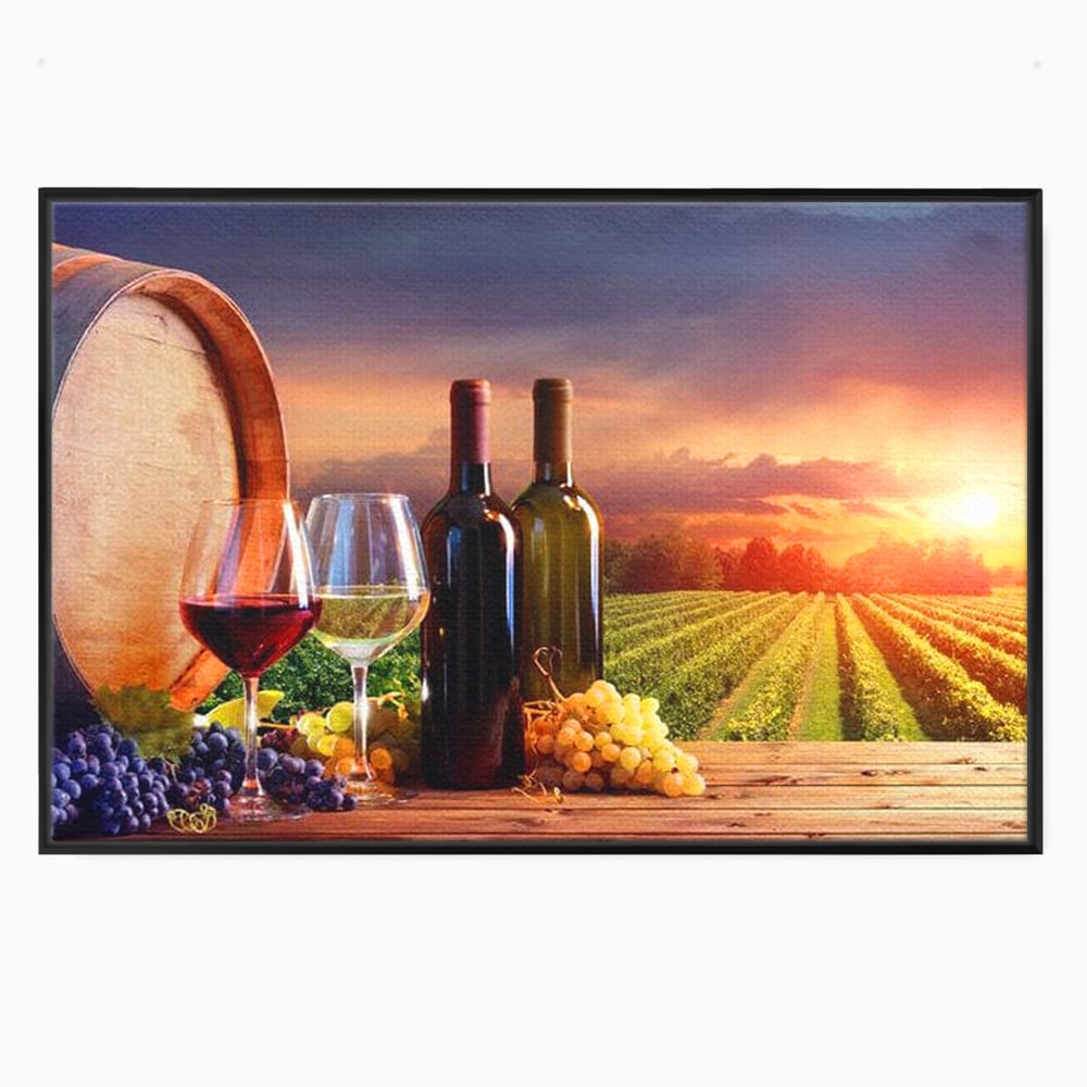 Tablou Canvas Premium, LuxCanva® N1040, Apus peste Podgorie, Vin Rosu, Struguri, Sticle, Podgorie, Apus de Soare, Fructe, Butoi, Natura, Traditie, Pub, Bar, Lounge, Restaurant, Bucatarie