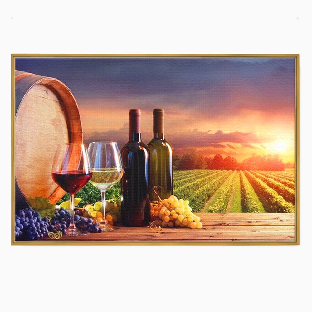 Tablou Canvas Premium, LuxCanva® N1040, Apus peste Podgorie, Vin Rosu, Struguri, Sticle, Podgorie, Apus de Soare, Fructe, Butoi, Natura, Traditie, Pub, Bar, Lounge, Restaurant, Bucatarie