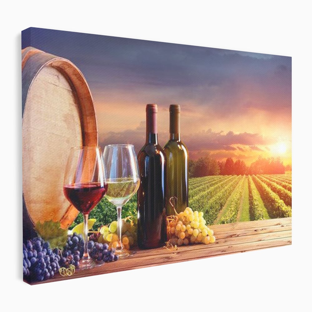 Tablou Canvas Premium, LuxCanva® N1040, Apus peste Podgorie, Vin Rosu, Struguri, Sticle, Podgorie, Apus de Soare, Fructe, Butoi, Natura, Traditie, Pub, Bar, Lounge, Restaurant, Bucatarie