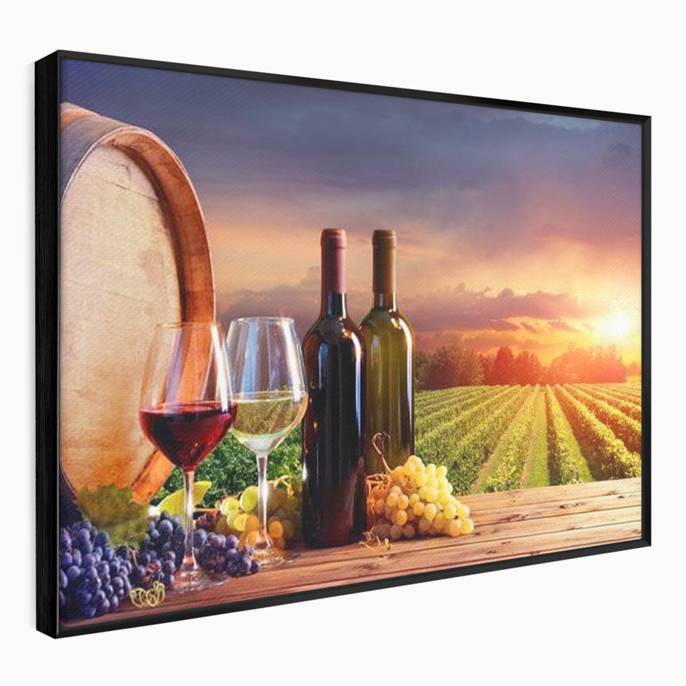Tablou Canvas Premium, LuxCanva® N1040, Apus peste Podgorie, Vin Rosu, Struguri, Sticle, Podgorie, Apus de Soare, Fructe, Butoi, Natura, Traditie, Pub, Bar, Lounge, Restaurant, Bucatarie