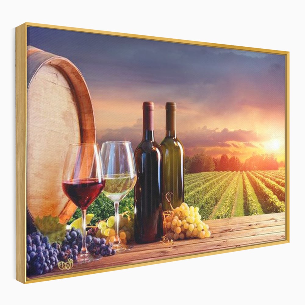 Tablou Canvas Premium, LuxCanva® N1040, Apus peste Podgorie, Vin Rosu, Struguri, Sticle, Podgorie, Apus de Soare, Fructe, Butoi, Natura, Traditie, Pub, Bar, Lounge, Restaurant, Bucatarie