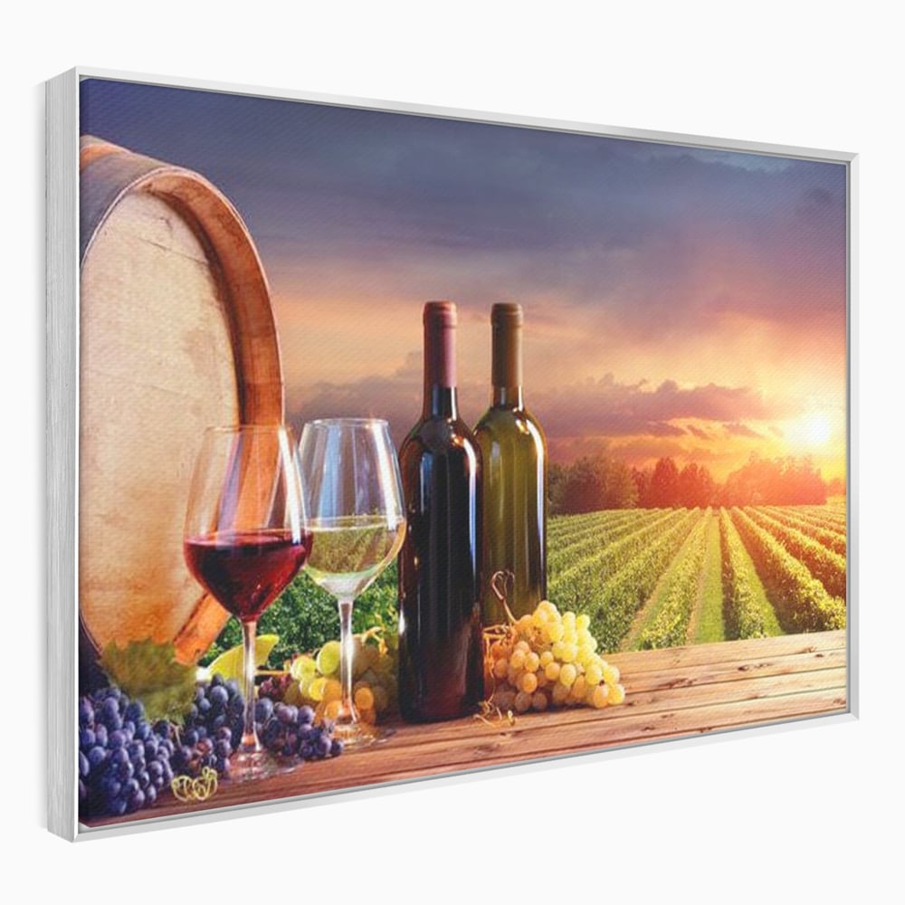 Tablou Canvas Premium, LuxCanva® N1040, Apus peste Podgorie, Vin Rosu, Struguri, Sticle, Podgorie, Apus de Soare, Fructe, Butoi, Natura, Traditie, Pub, Bar, Lounge, Restaurant, Bucatarie