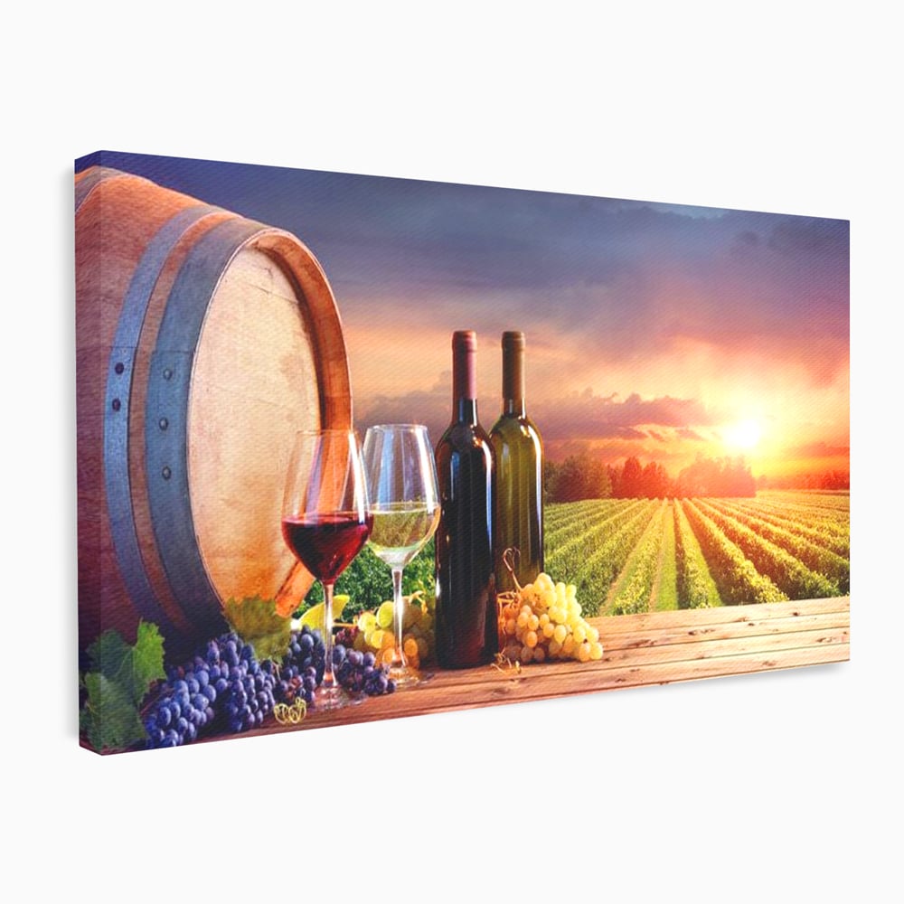 Tablou Canvas Premium, LuxCanva® N1040, Apus peste Podgorie, Vin Rosu, Struguri, Sticle, Podgorie, Apus de Soare, Fructe, Butoi, Natura, Traditie, Pub, Bar, Lounge, Restaurant, Bucatarie