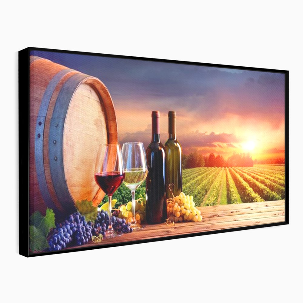 Tablou Canvas Premium, LuxCanva® N1040, Apus peste Podgorie, Vin Rosu, Struguri, Sticle, Podgorie, Apus de Soare, Fructe, Butoi, Natura, Traditie, Pub, Bar, Lounge, Restaurant, Bucatarie