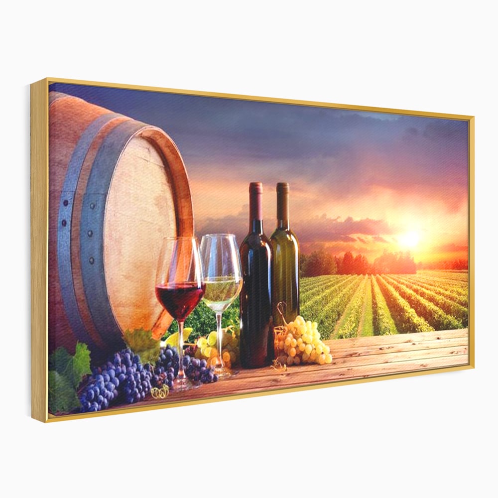 Tablou Canvas Premium, LuxCanva® N1040, Apus peste Podgorie, Vin Rosu, Struguri, Sticle, Podgorie, Apus de Soare, Fructe, Butoi, Natura, Traditie, Pub, Bar, Lounge, Restaurant, Bucatarie