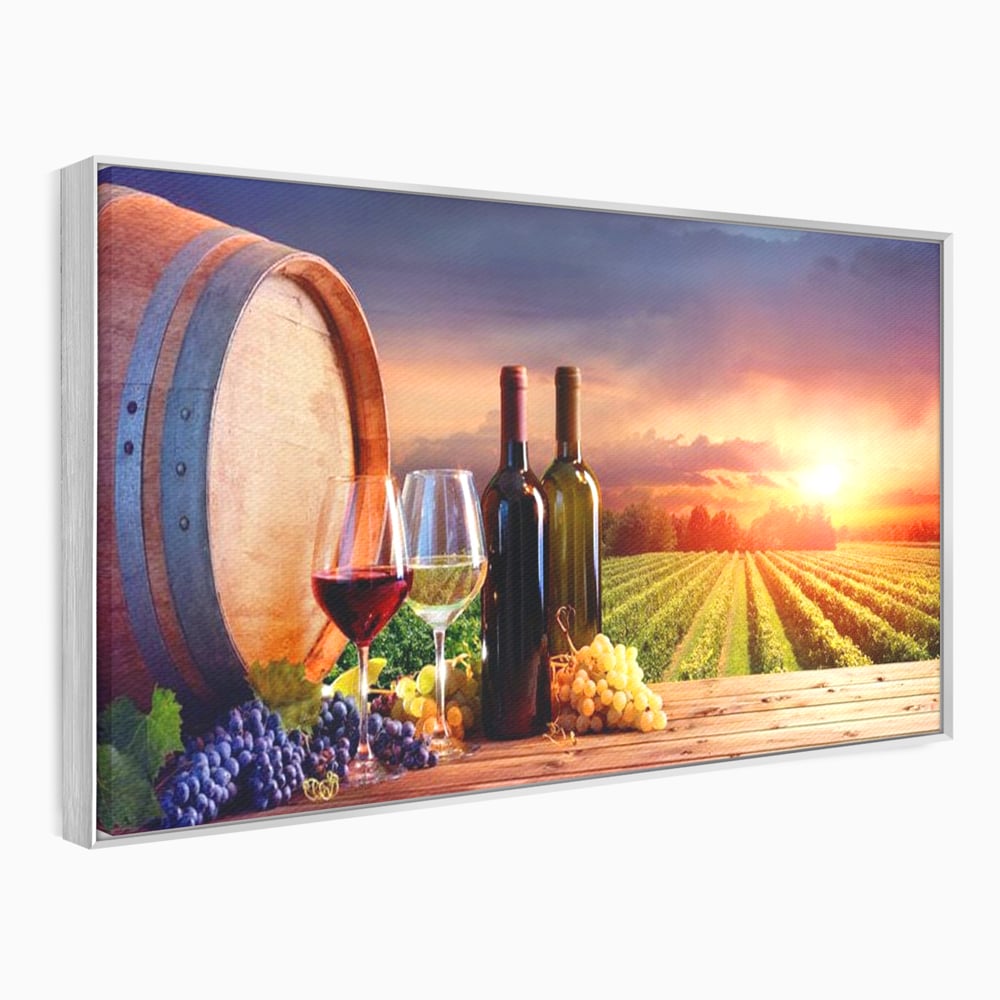 Tablou Canvas Premium, LuxCanva® N1040, Apus peste Podgorie, Vin Rosu, Struguri, Sticle, Podgorie, Apus de Soare, Fructe, Butoi, Natura, Traditie, Pub, Bar, Lounge, Restaurant, Bucatarie