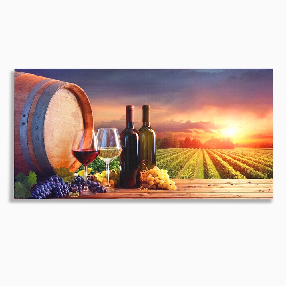 Tablou Canvas Premium, LuxCanva® N1040, Apus peste Podgorie, Vin Rosu, Struguri, Sticle, Podgorie, Apus de Soare, Fructe, Butoi, Natura, Traditie, Pub, Bar, Lounge, Restaurant, Bucatarie