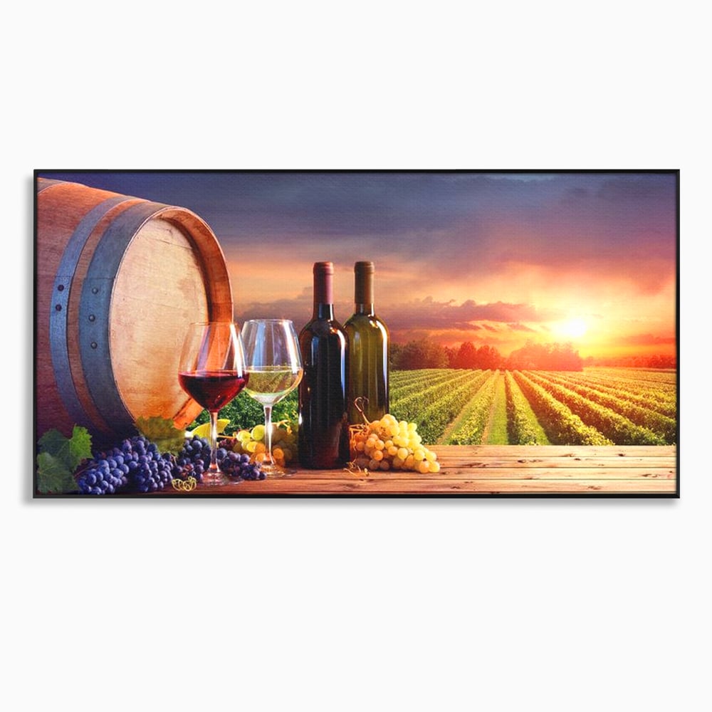 Tablou Canvas Premium, LuxCanva® N1040, Apus peste Podgorie, Vin Rosu, Struguri, Sticle, Podgorie, Apus de Soare, Fructe, Butoi, Natura, Traditie, Pub, Bar, Lounge, Restaurant, Bucatarie