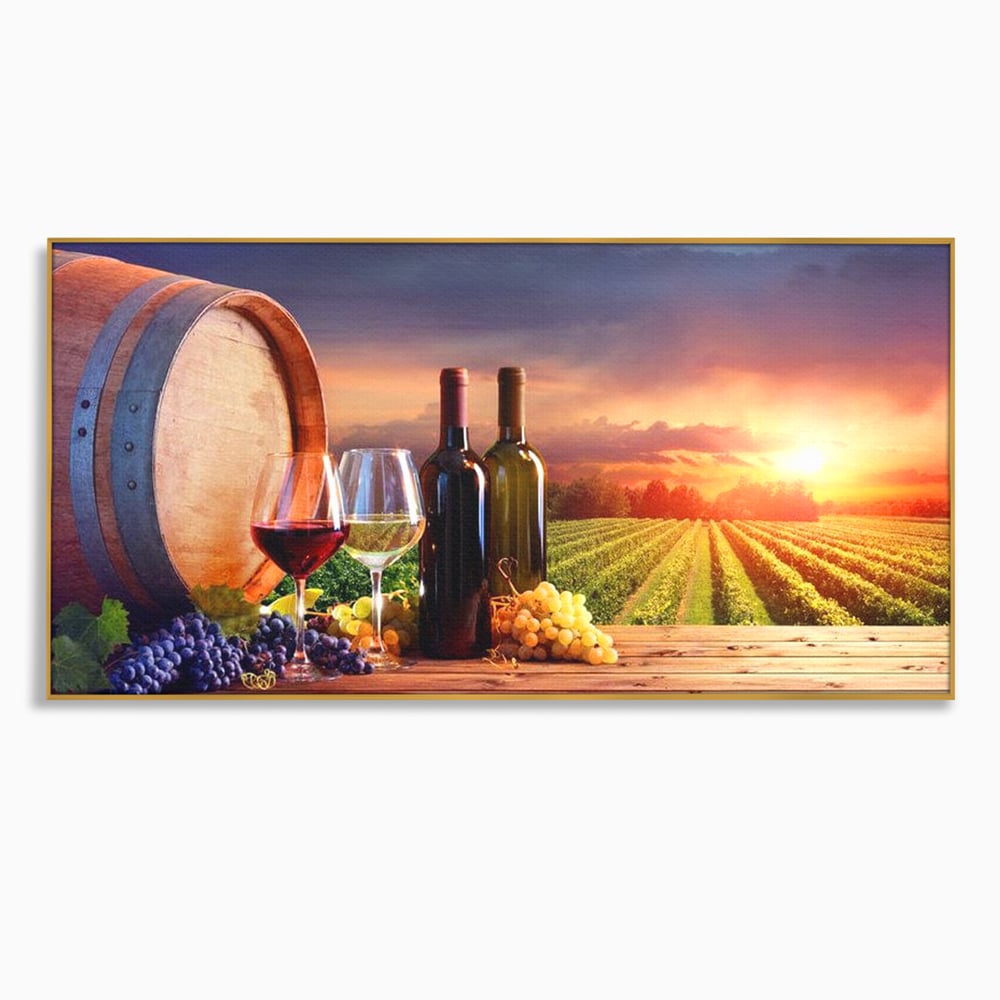 Tablou Canvas Premium, LuxCanva® N1040, Apus peste Podgorie, Vin Rosu, Struguri, Sticle, Podgorie, Apus de Soare, Fructe, Butoi, Natura, Traditie, Pub, Bar, Lounge, Restaurant, Bucatarie