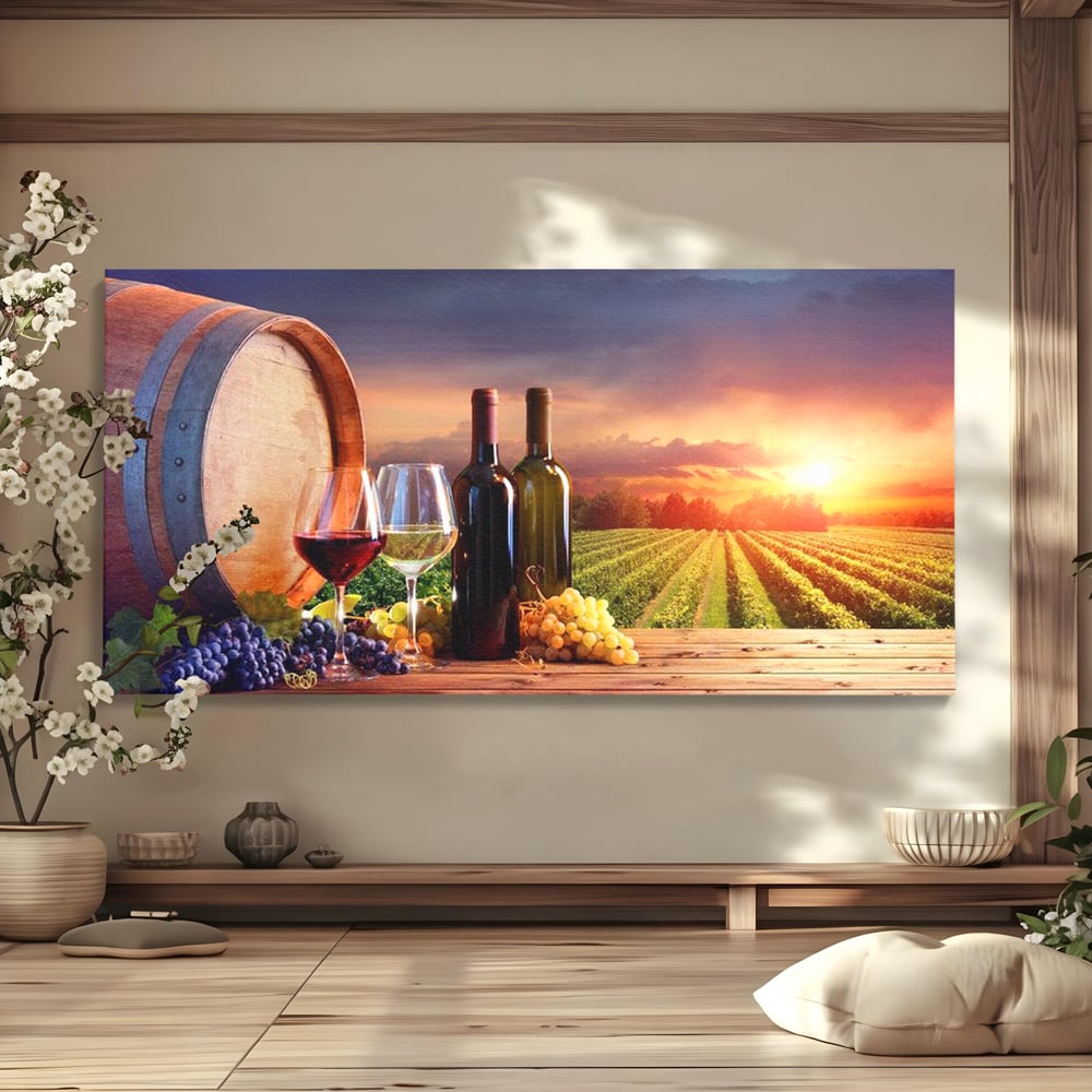 Tablou Canvas Premium, LuxCanva® N1040, Apus peste Podgorie, Vin Rosu, Struguri, Sticle, Podgorie, Apus de Soare, Fructe, Butoi, Natura, Traditie, Pub, Bar, Lounge, Restaurant, Bucatarie