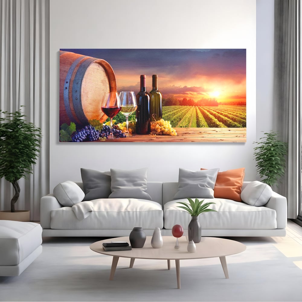 Tablou Canvas Premium, LuxCanva® N1040, Apus peste Podgorie, Vin Rosu, Struguri, Sticle, Podgorie, Apus de Soare, Fructe, Butoi, Natura, Traditie, Pub, Bar, Lounge, Restaurant, Bucatarie
